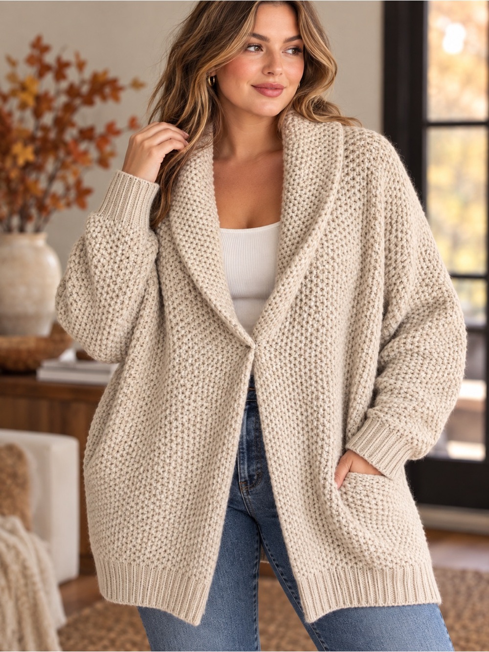 Wool Alpaca Blend Max Studio Cream Shawl Collar Open-Front Knit Cardigan XL